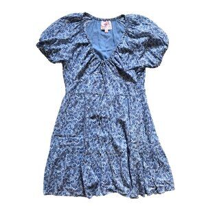 Banjanan Mini Dress Womens XS Blue Floral Print Cotton Short Sleeve Scoop Neck